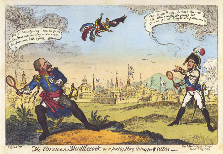 Napoleon was ruthlessly mocked by British cartoonists. This cartoon depicts General Blücher and Prince Schwarzenberg use Napoleon as a shuttlecock.