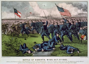 Watson fought at the Second Battle of Corinth, depicted here by the the printmaking firm Currier and Ives.