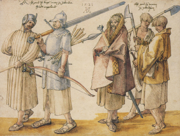 MacColla's men would have considered themselves the descendents the ancient warrior tradition of Fionn MacCumhaill and the Fianna. This picture shows Gaelic Kerns as depicted by Albrecht Dürer in 1521. 