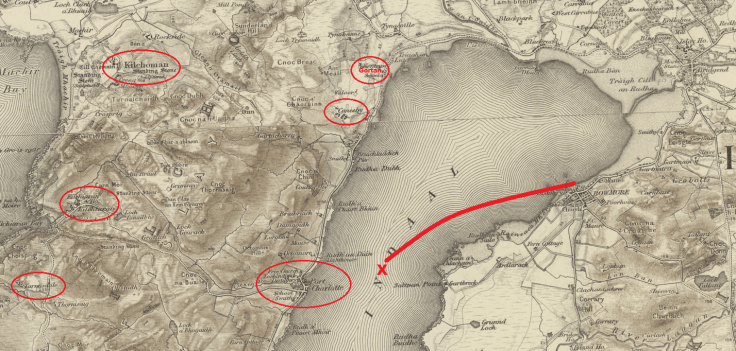 The Loch Indaal tragedy took place between Port Charlotte and Gartbreck. Archibald MacLellan chose to walk around the head of the loch via Brigend. The homes of those who died have been circled. 